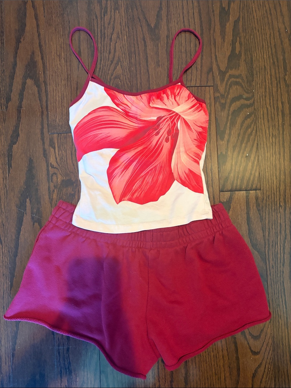 Urban Planet White Cami with Red Floral Print and Red Shorts Set